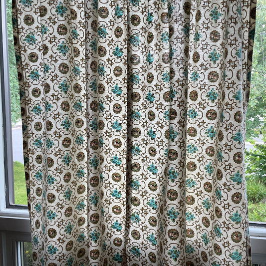 Vintage 50s curtain panel, cream blue gold pleated or rod pocket
