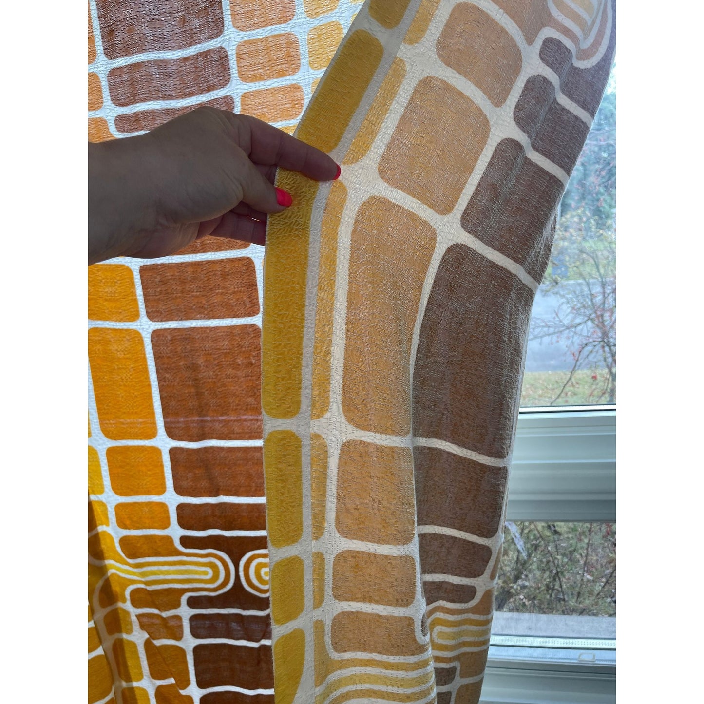 Vintage 60s orange brown geometric curtain, fiberglass panel