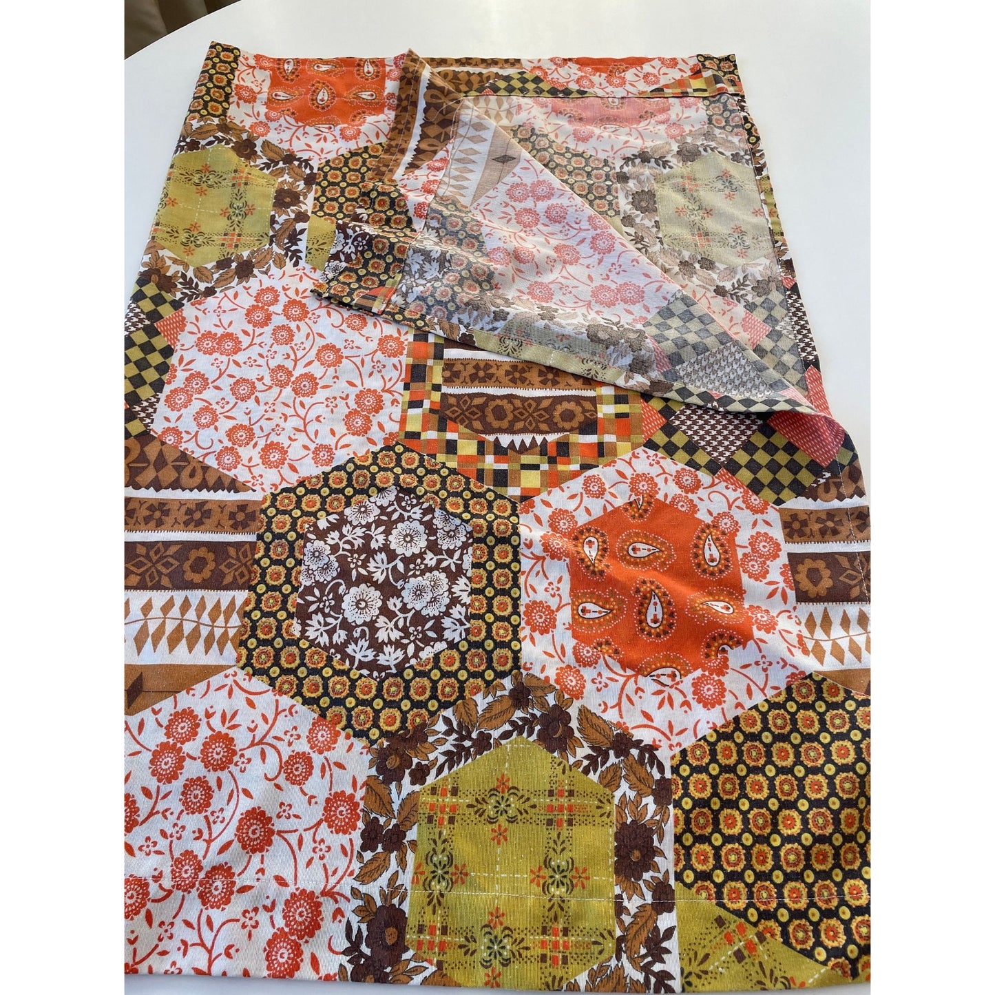Vintage 70s faux patchwork pattern, orange and brown curtains