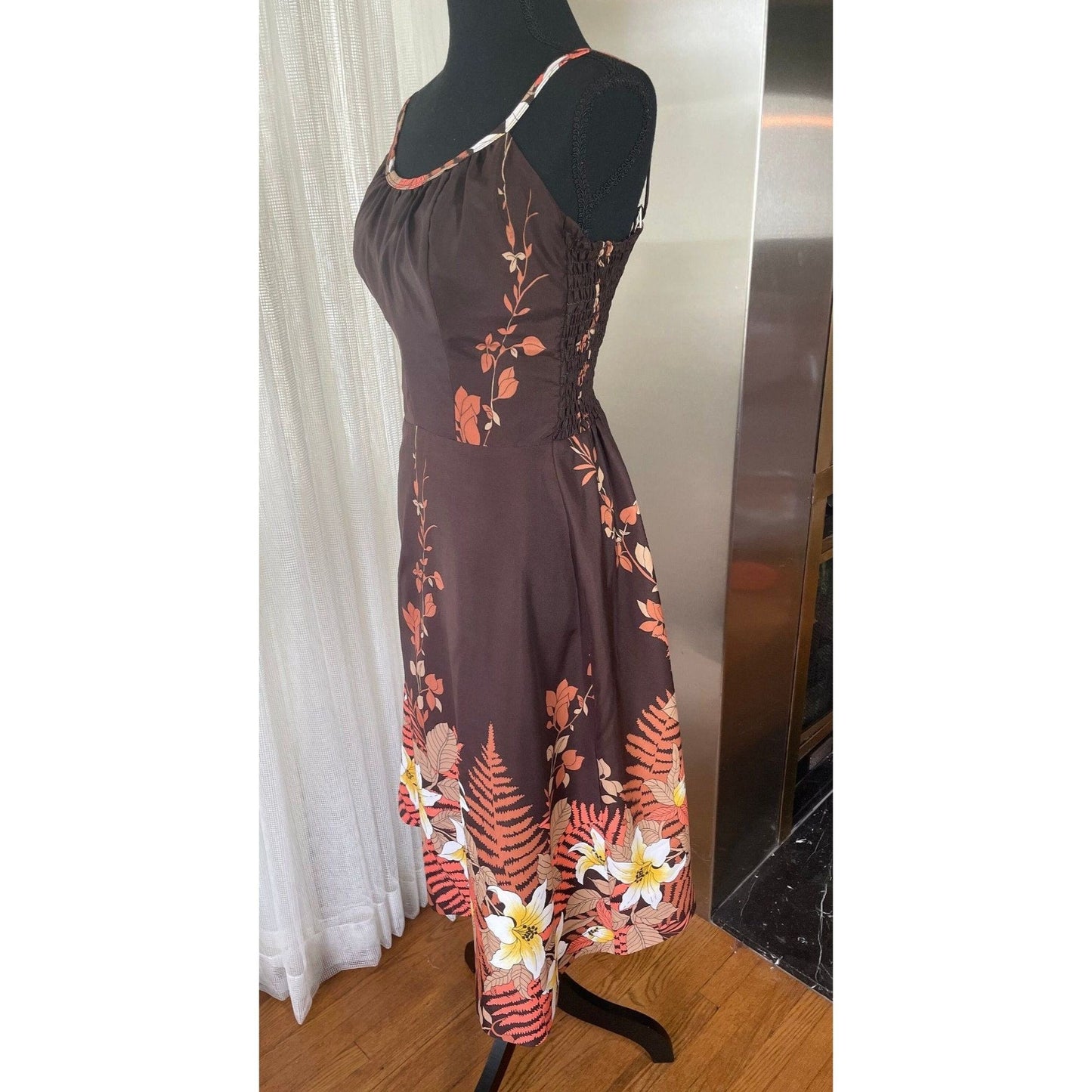 Vintage 80s dress, chocolate brown, sleeveless, bra inserts, Sand Pebble of Hawaii