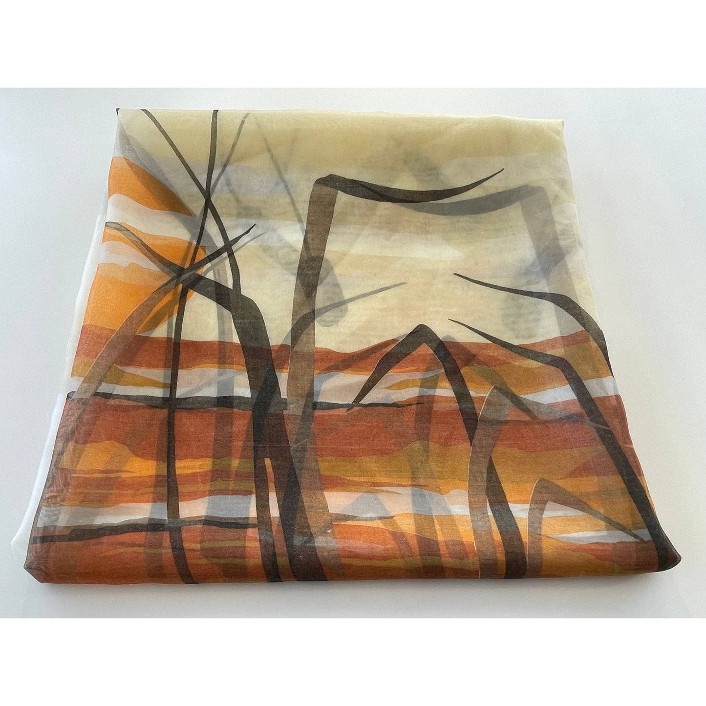 Vintage 70s shower curtain, cattail, orange sunset