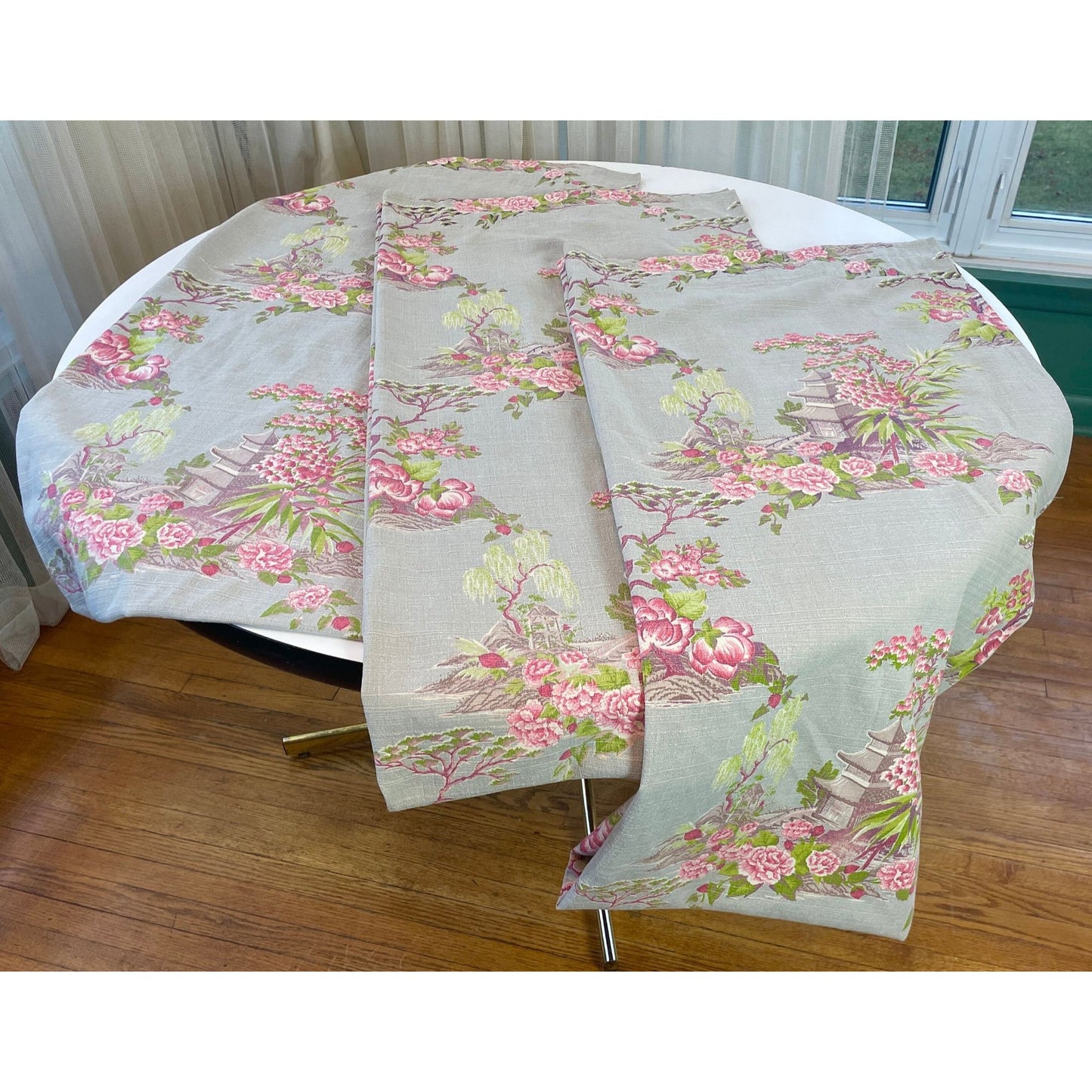 Vintage MCM barkcloth curtain, Asian inspired pink blossom trees