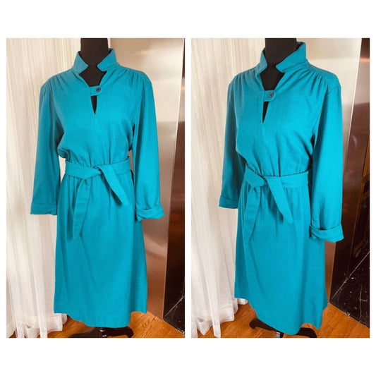 Vintage 60s dress, teal/turquoise, long sleeves, wool, AlJean