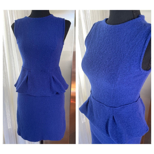 Vintage 80s mini dress, electric blue, fitted peplum, wool, Sparrow