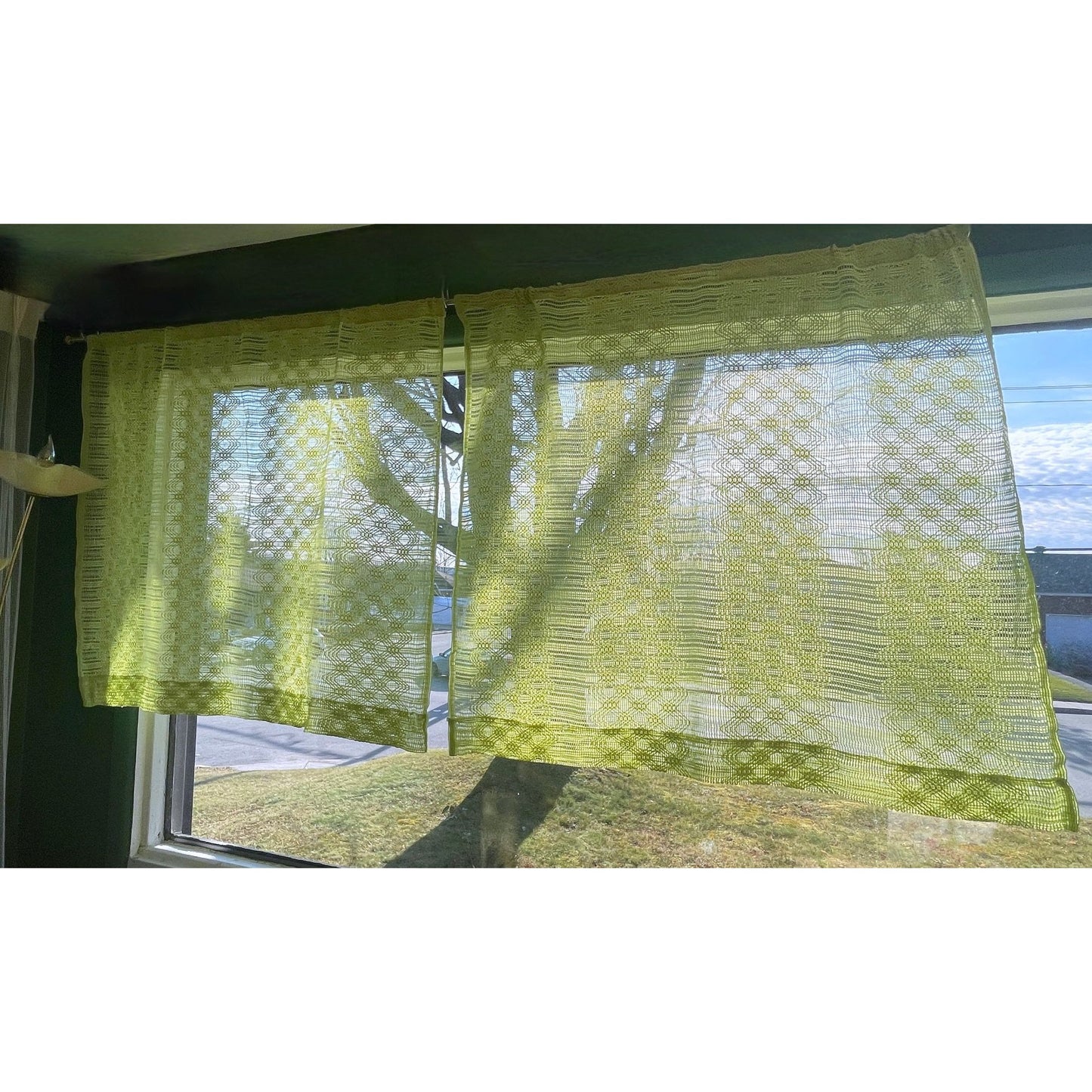 Vintage 70s mesh green sheer curtain