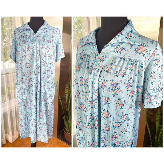 Vintage 80s house dress, blue floral robe, short sleeves