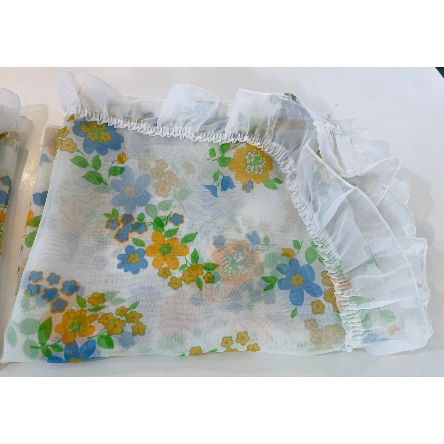 Vintage 80s ruffled panels, green blue flowers