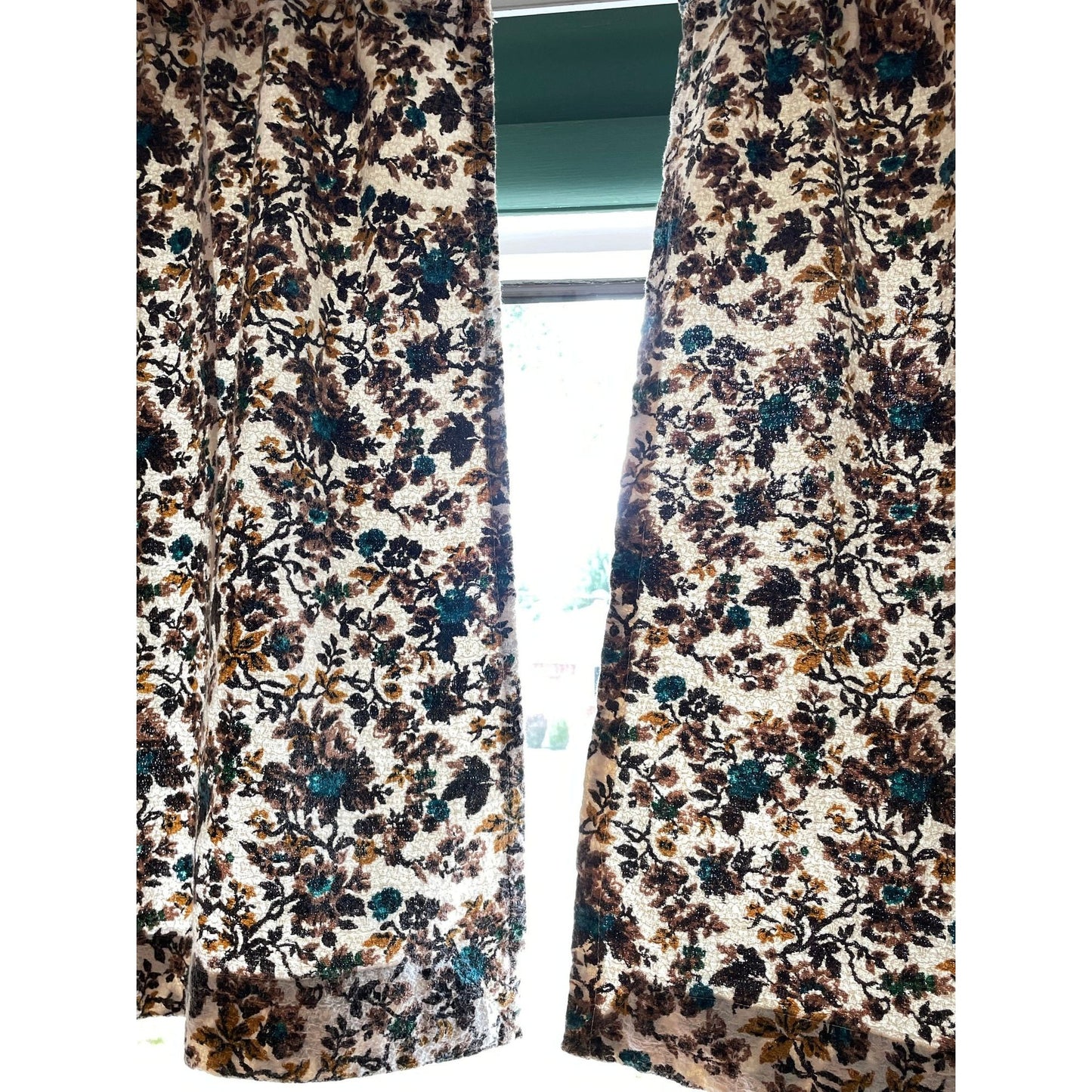 Vintage 60s brown blue floral barkcloth curtain single panel