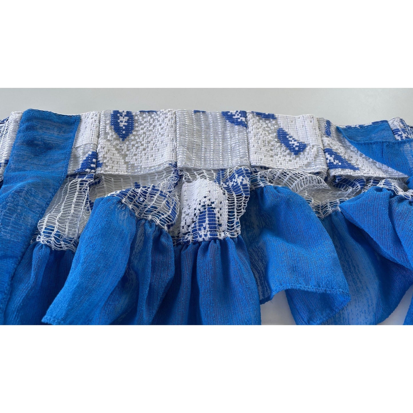 Vintage 80s ruffled double curtains, royal blue, white mesh