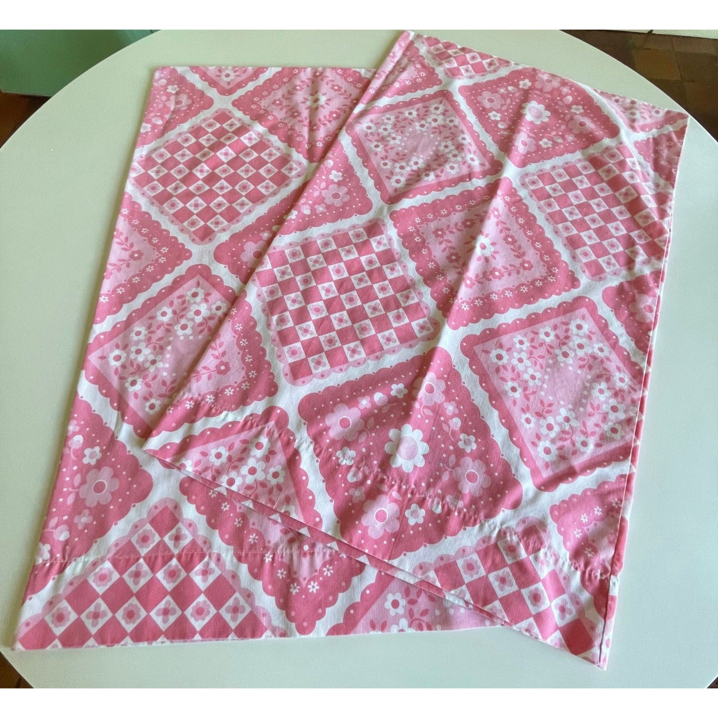 Vintage 70s pillowcases set, pink patchwork floral