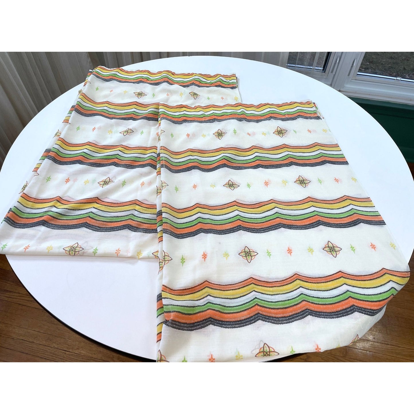 Vintage 60s geometric pattern curtains, orange green and brown