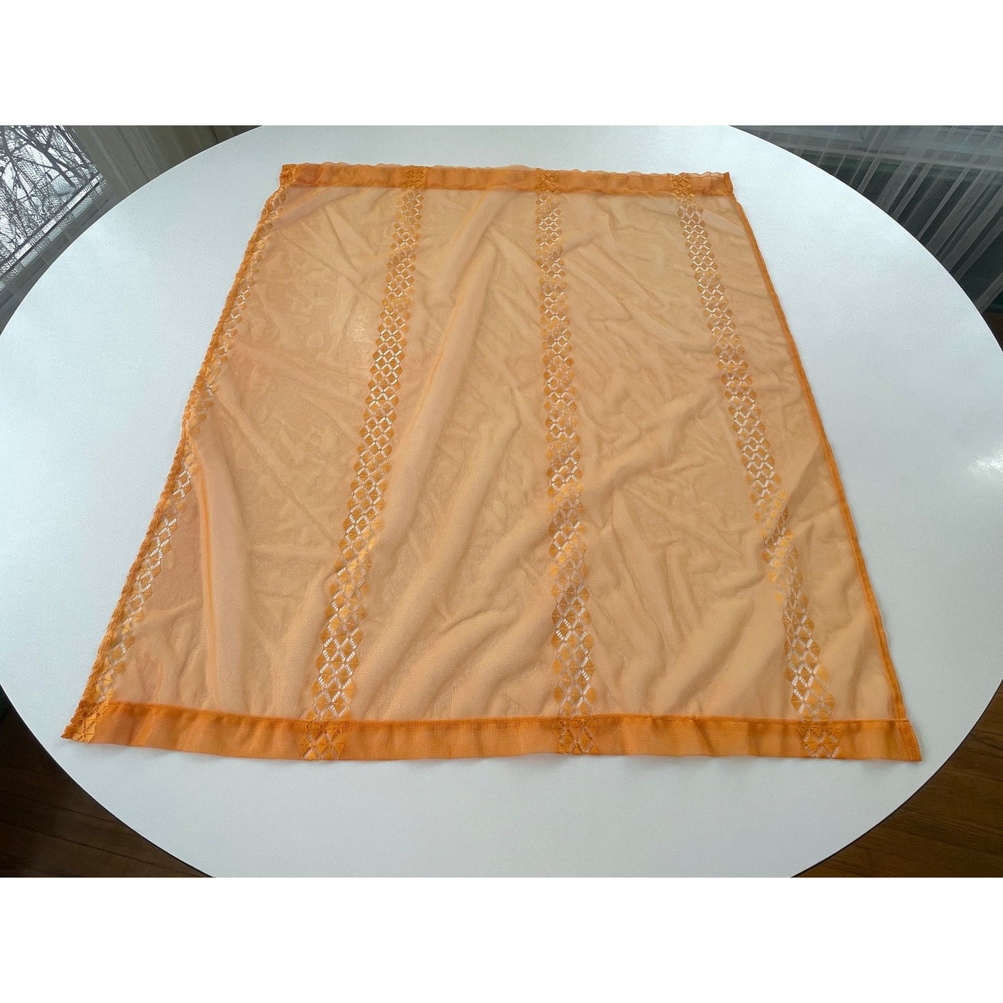 Vintage 70s curtains, pair orange mesh panels