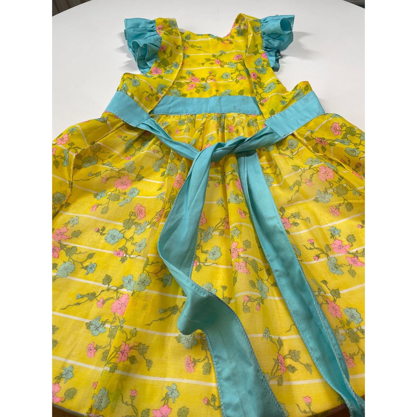 Vintage full apron, pink blue flowers, bright yellow