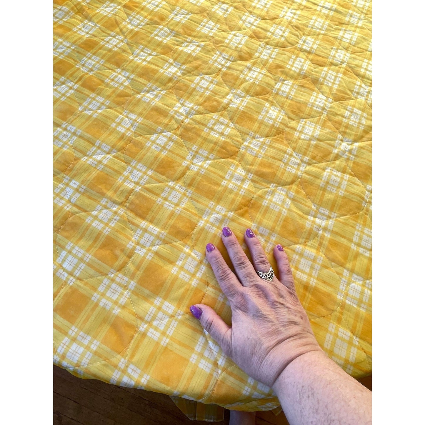 Vintage 70s quilted bedspread, yellow plaid ruffled satin, twin size