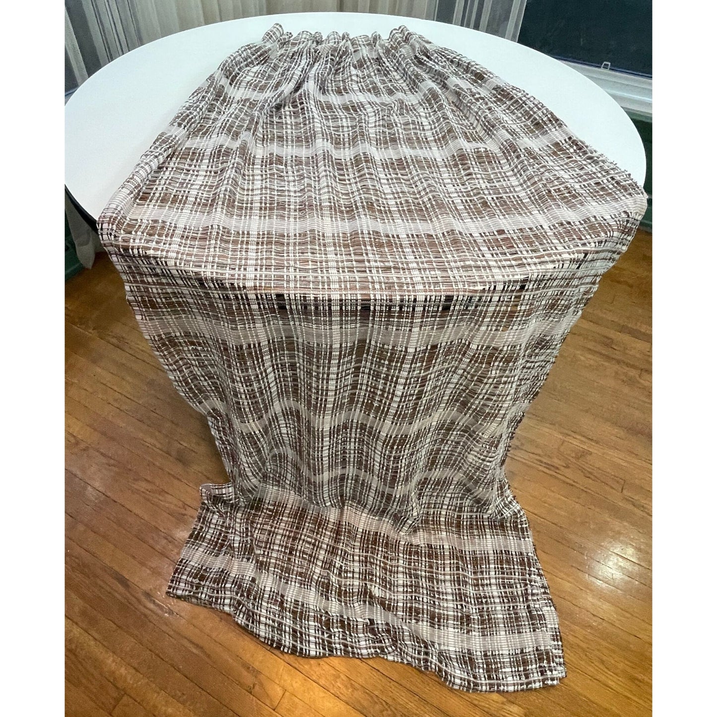 Vintage 70s pleated curtain, brown mesh panel