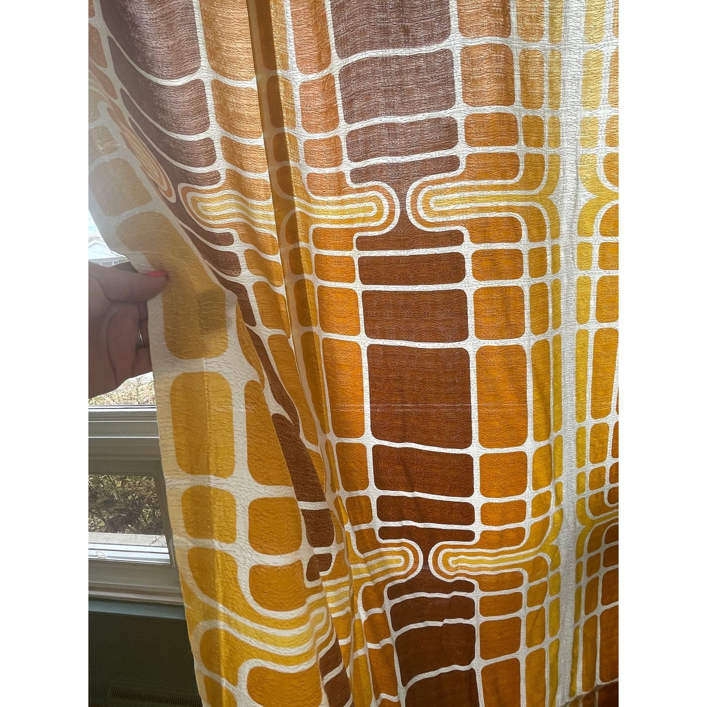 Vintage 60s orange brown geometric curtain, fiberglass panel