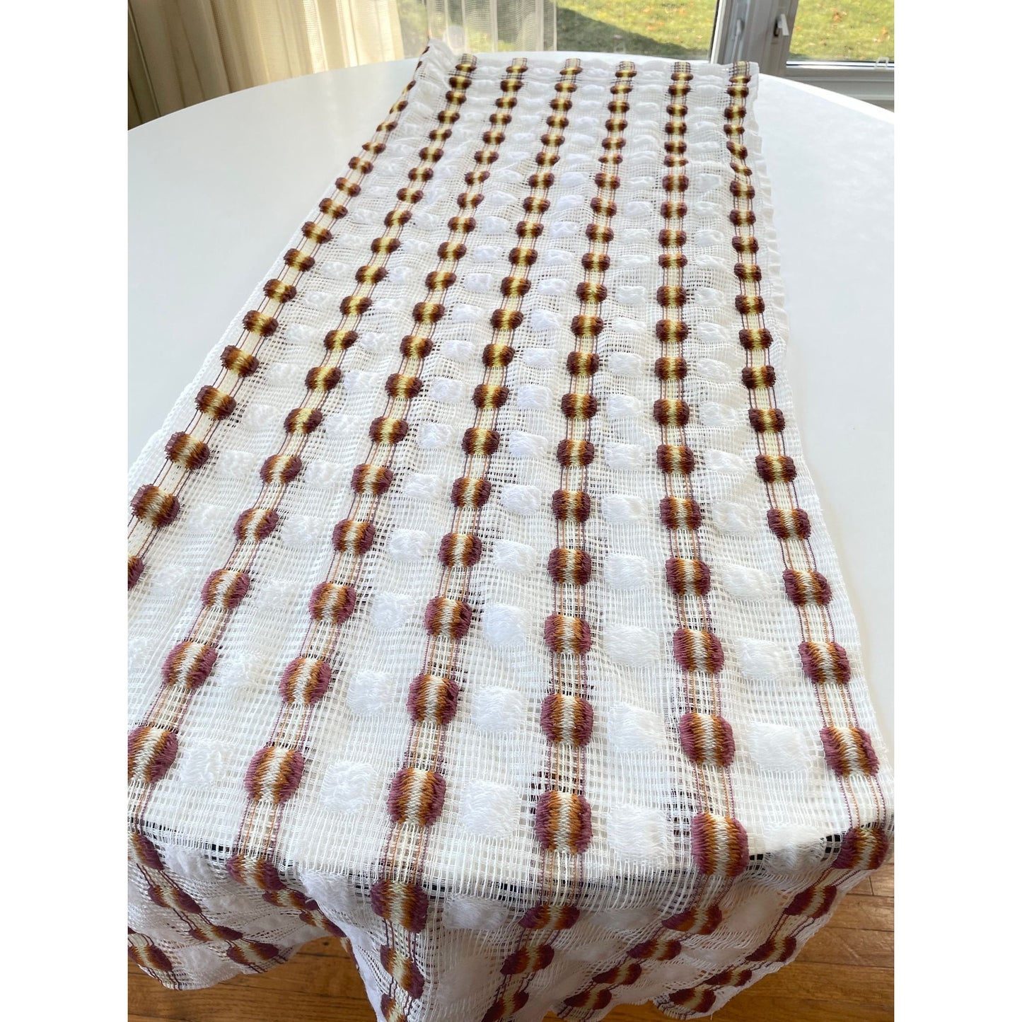 Vintage 70s curtain, orange yellow geometric pattern, mesh panel