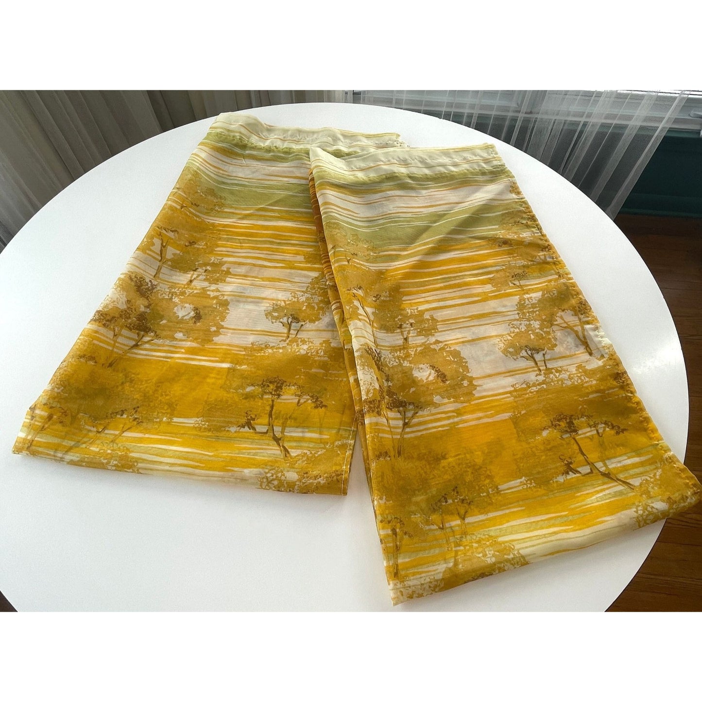 Vintage 70s curtains, green orange forest pattern, pair sheer panels