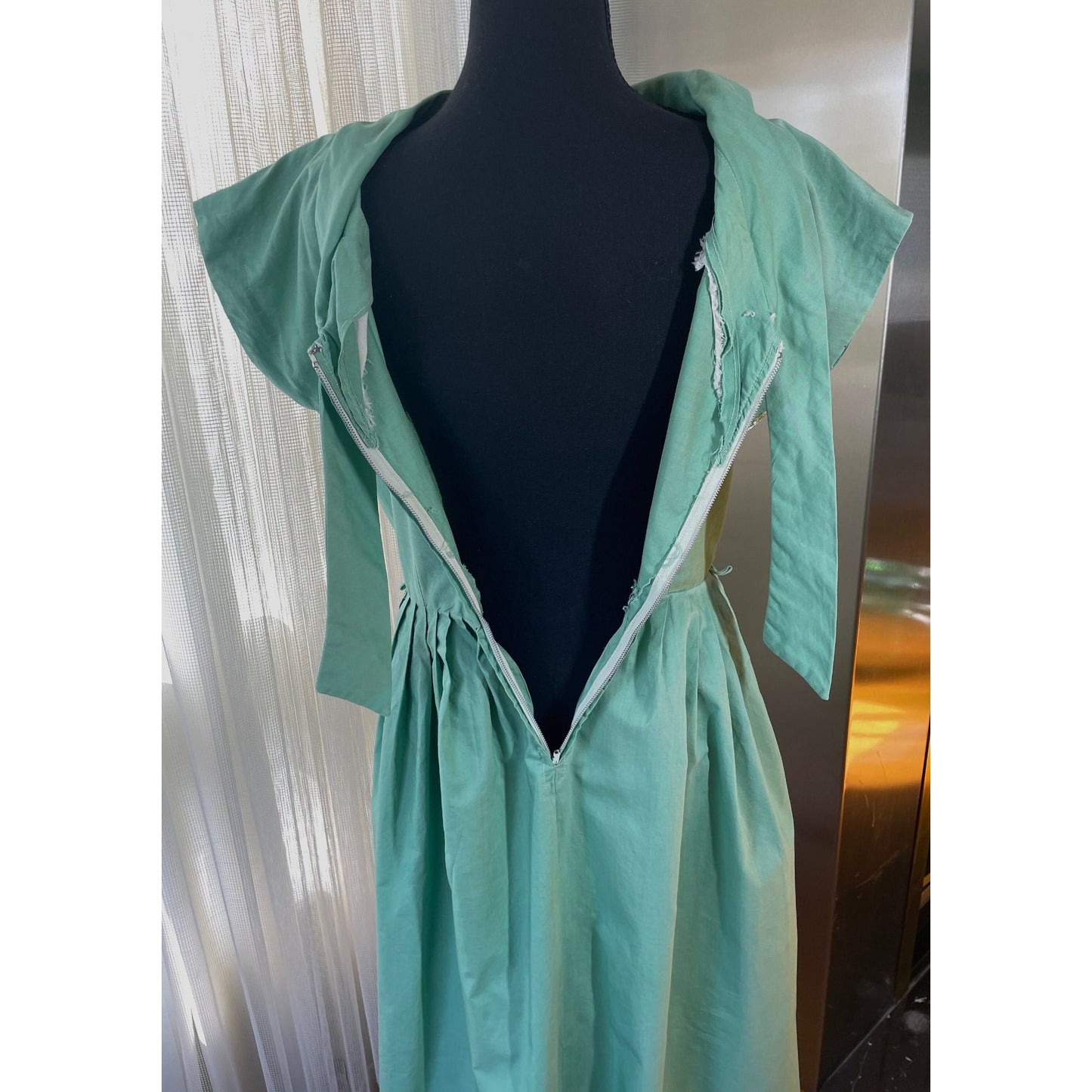 Vintage 50s swing dress, mint green, boat collar, detailed embroidery