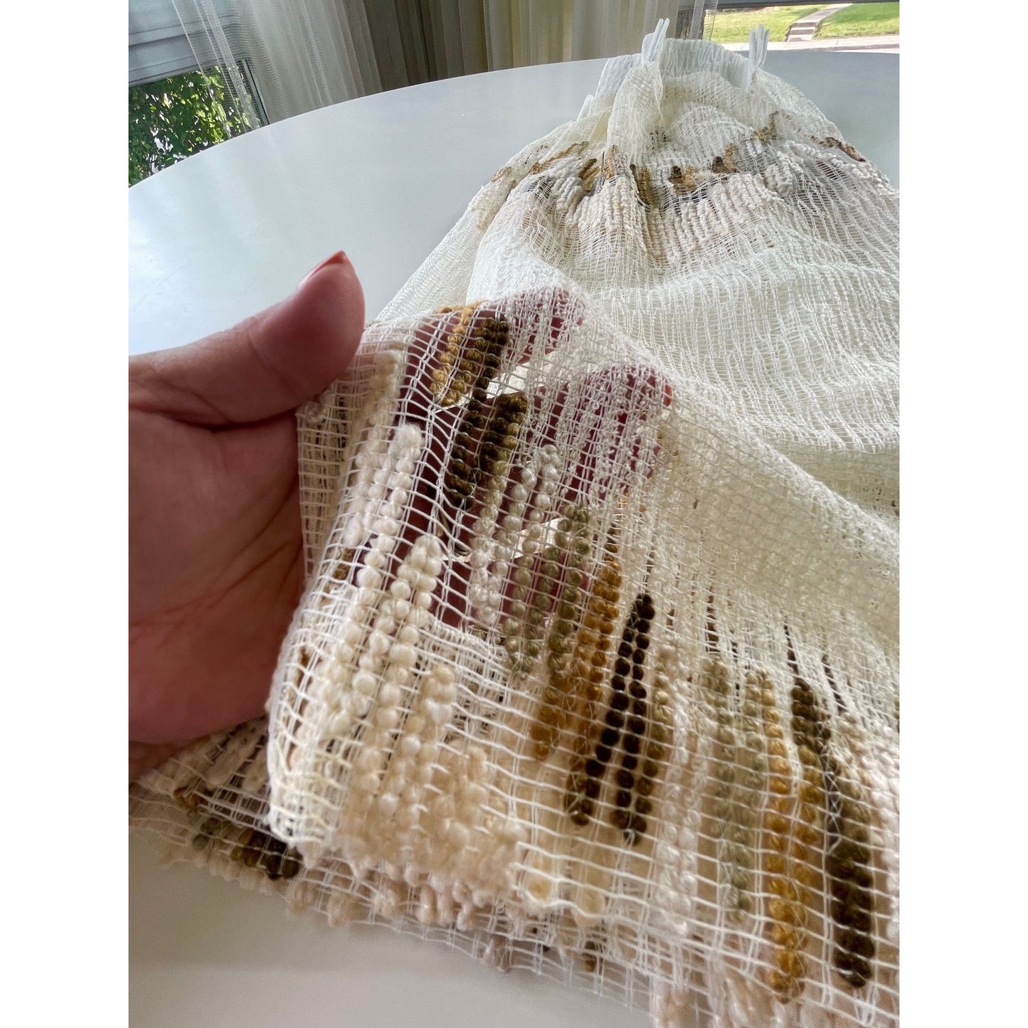 Vintage 80s pleated curtain, tan brown geometric mesh