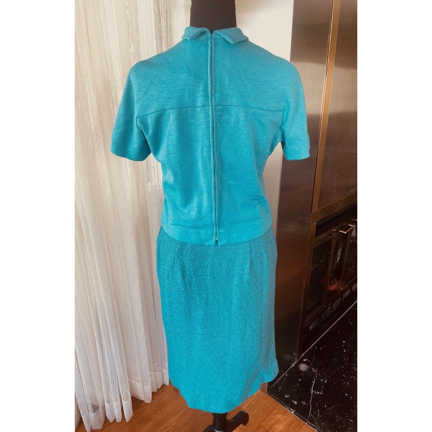 Vintage 1960s 3 pieces suit, 100% wool, teal jacket, top and straight skirt, AlJean
