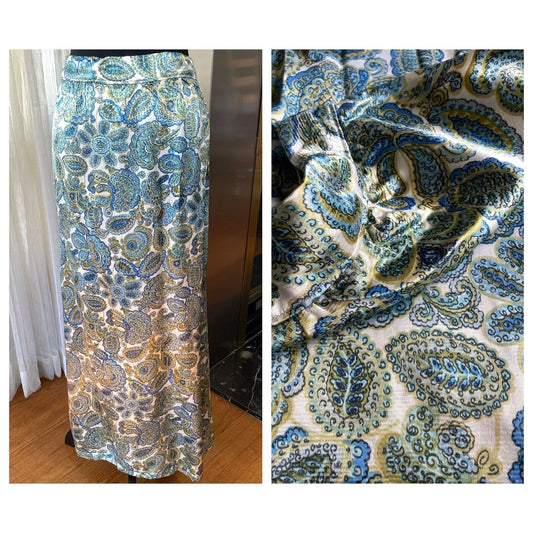 Vintage 70s paisley satin skirt, cotton lined, ankle length