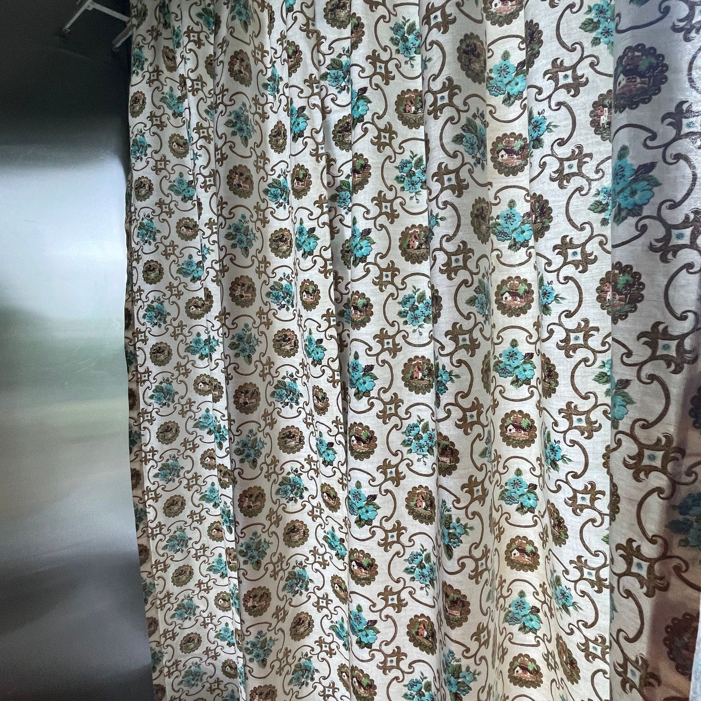 Vintage 50s curtain panel, cream blue gold pleated or rod pocket