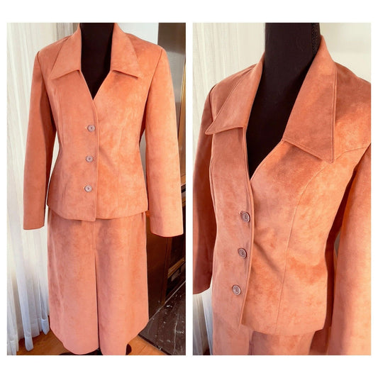 Vintage 80s two pieces set, faux suede coral jacket and straight skirt, Sterling Stalls