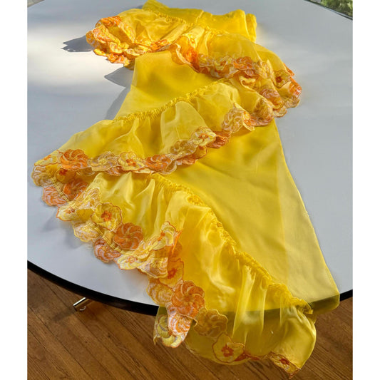 Vintage 70s curtain, bright yellow, orange daisies swag valance