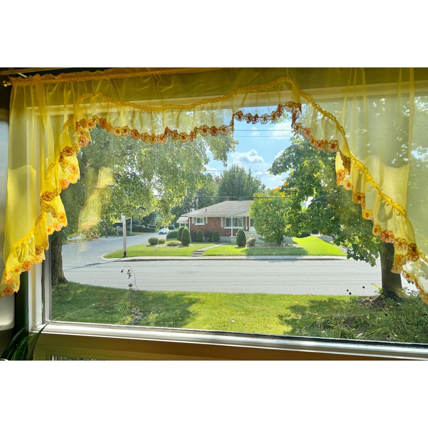 Vintage 70s curtain, bright yellow, orange daisies swag valance