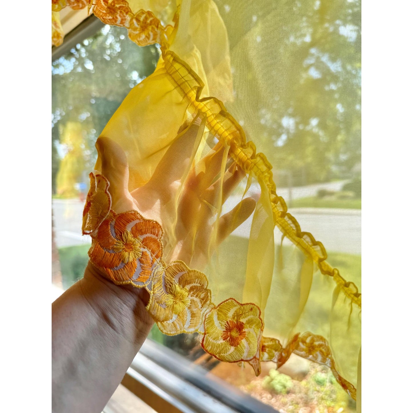 Vintage 70s curtain, bright yellow, orange daisies swag valance