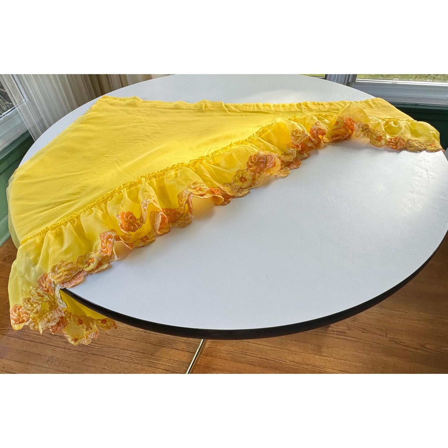Vintage 70s curtain, bright yellow, orange daisies swag valance