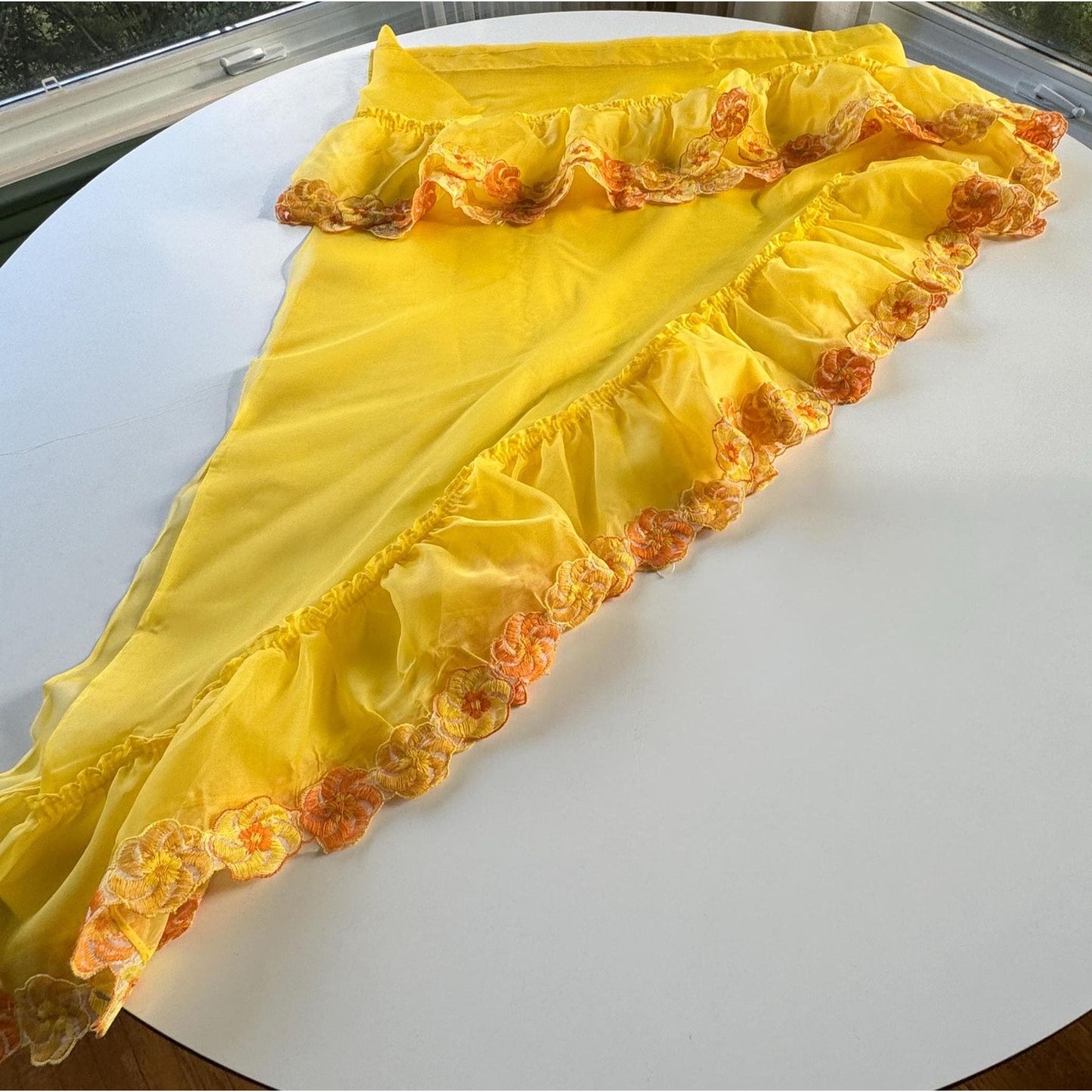 Vintage 70s curtain, bright yellow, orange daisies swag valance