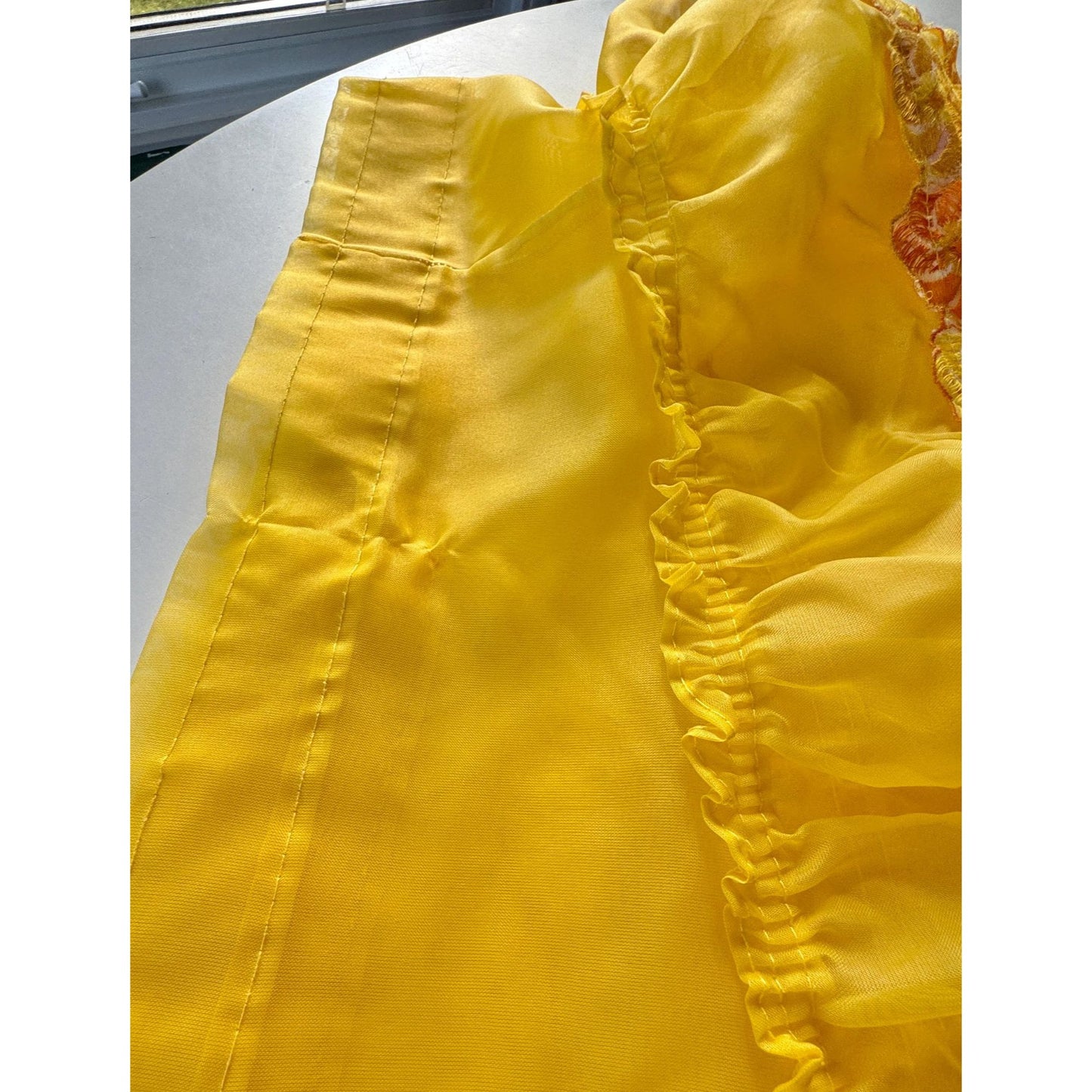 Vintage 70s curtain, bright yellow, orange daisies swag valance