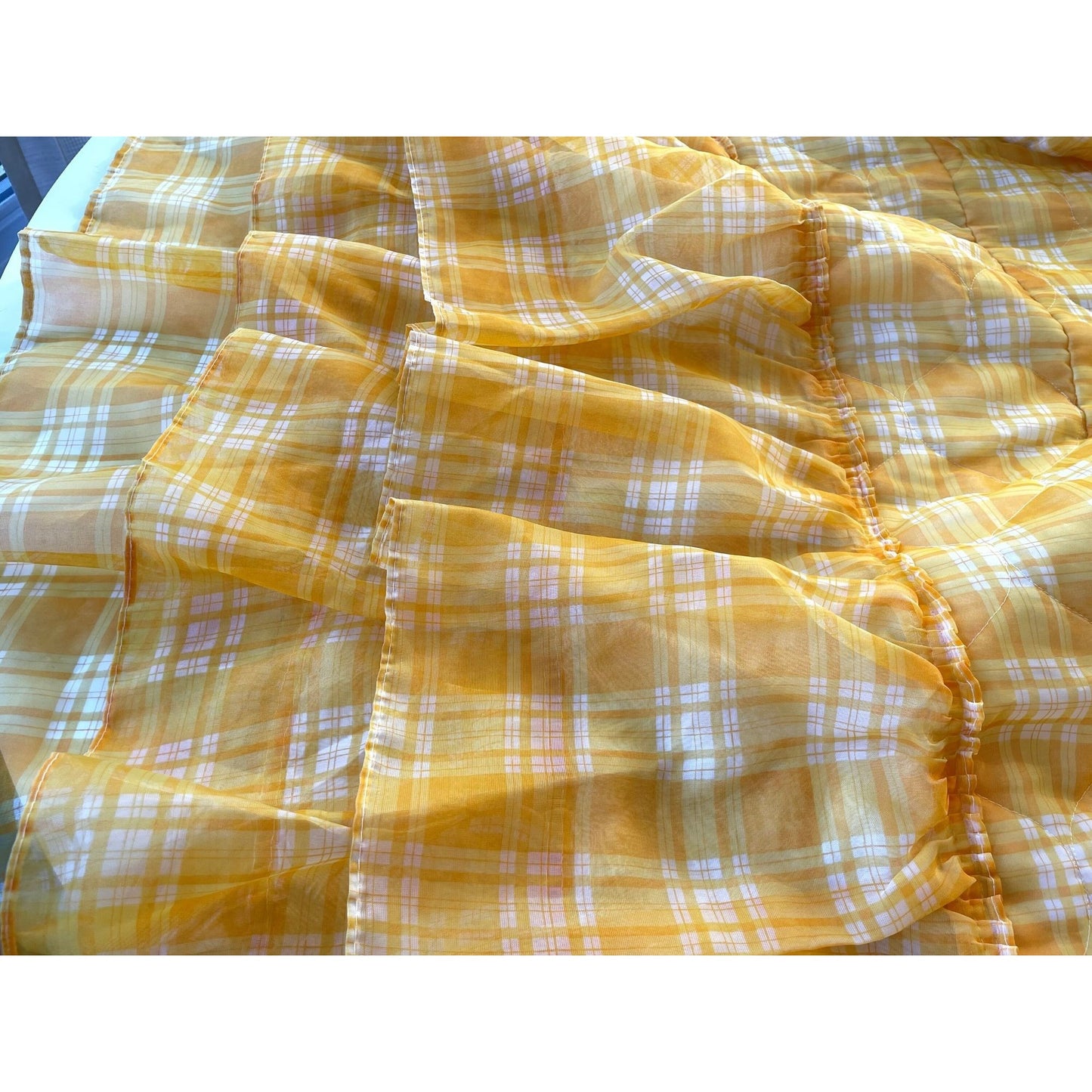 Vintage 70s quilted bedspread, yellow plaid ruffled satin, twin size