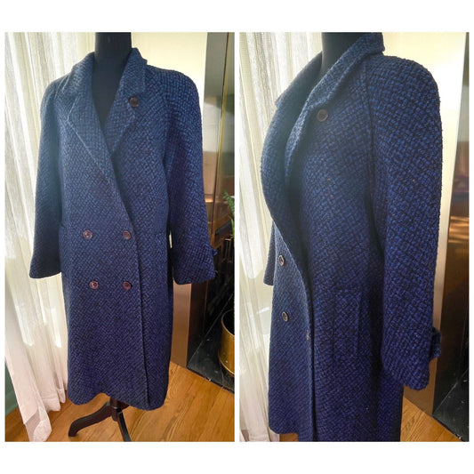 Vintage 80s tweed wool coat, navy and black oversized shoulders, HannaH Collection Coats