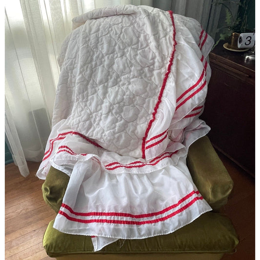 Vintage 80s ruffled satin bedspread, twin size, white with red ribbons