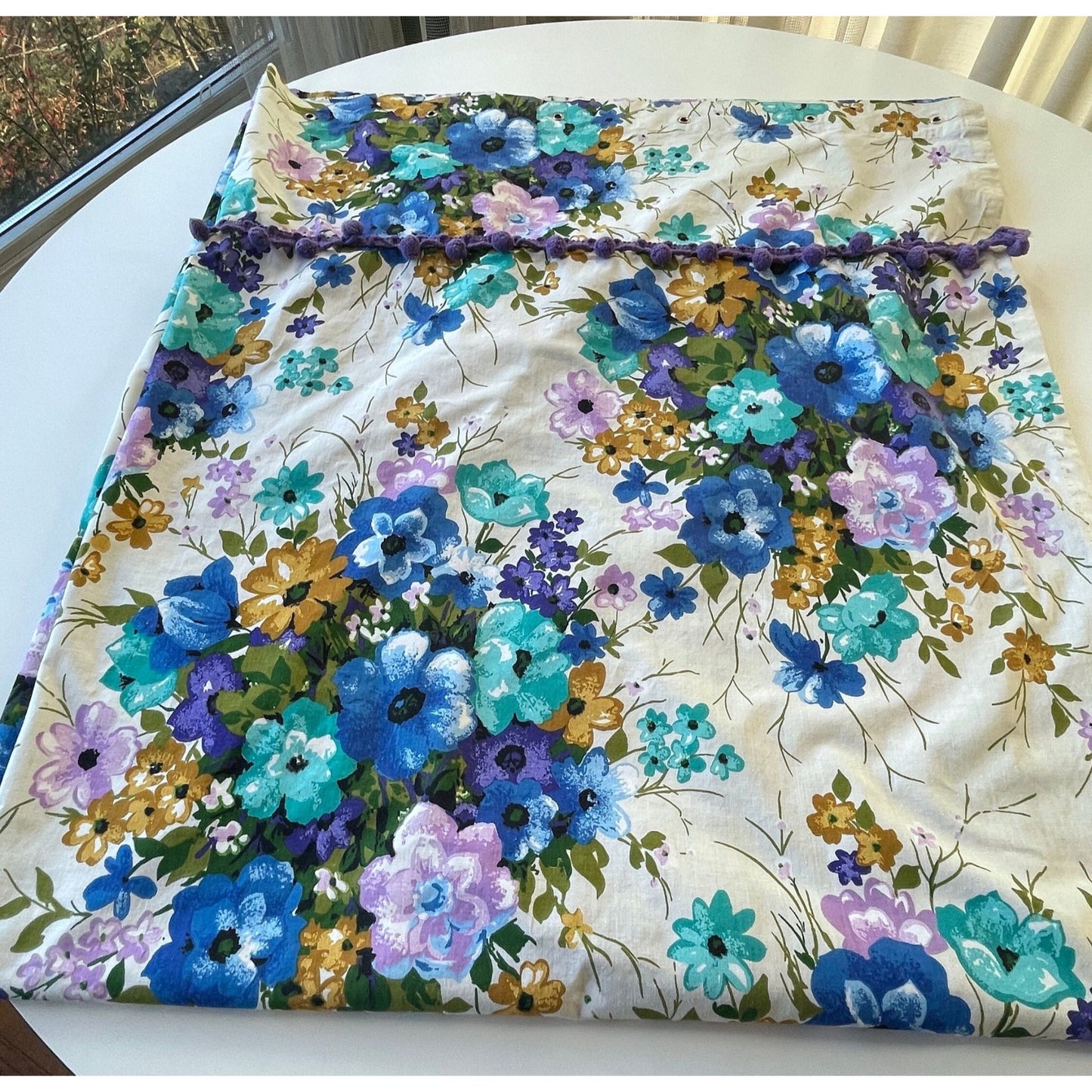 Vintage 70s purple and blue shower curtain, with valance and pom poms