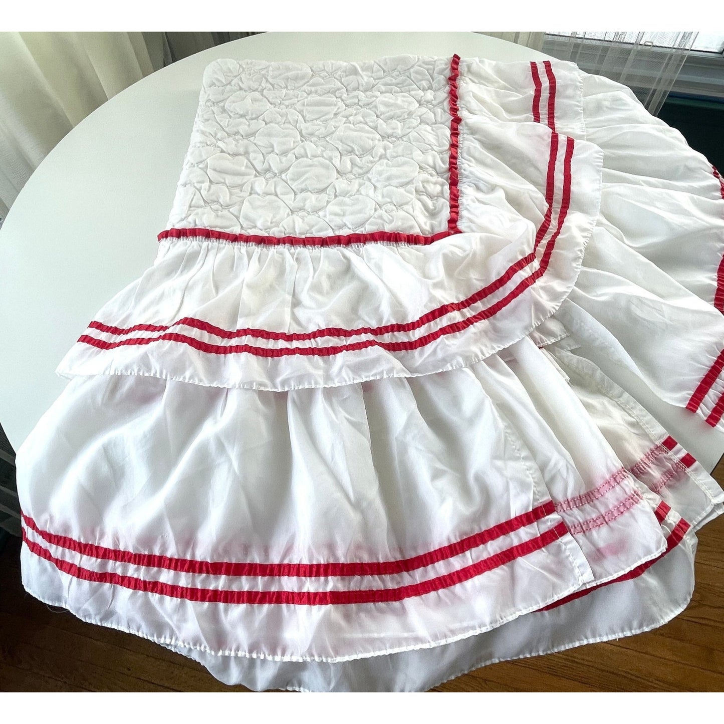 Vintage 80s ruffled satin bedspread, twin size, white with red ribbons