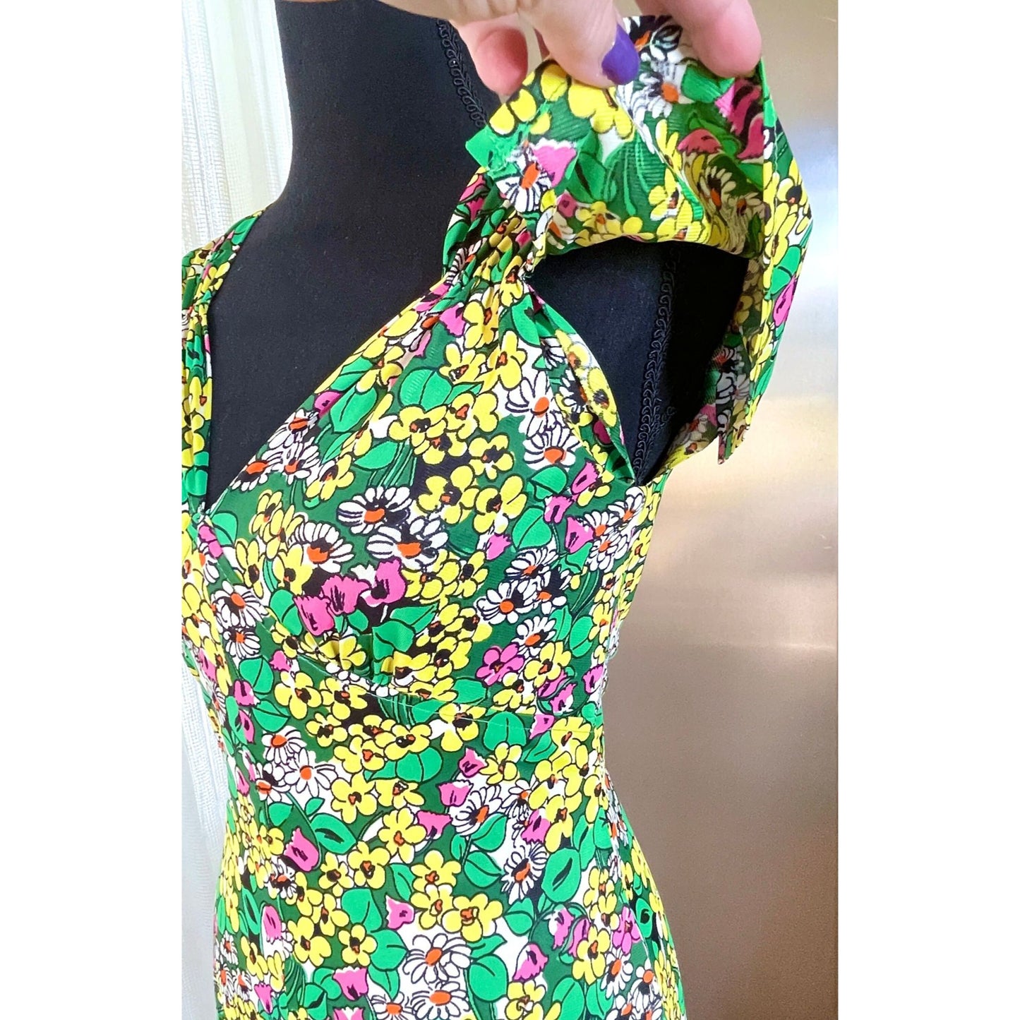 Vintage 1960s maxi dress, green, yellow and pink floral