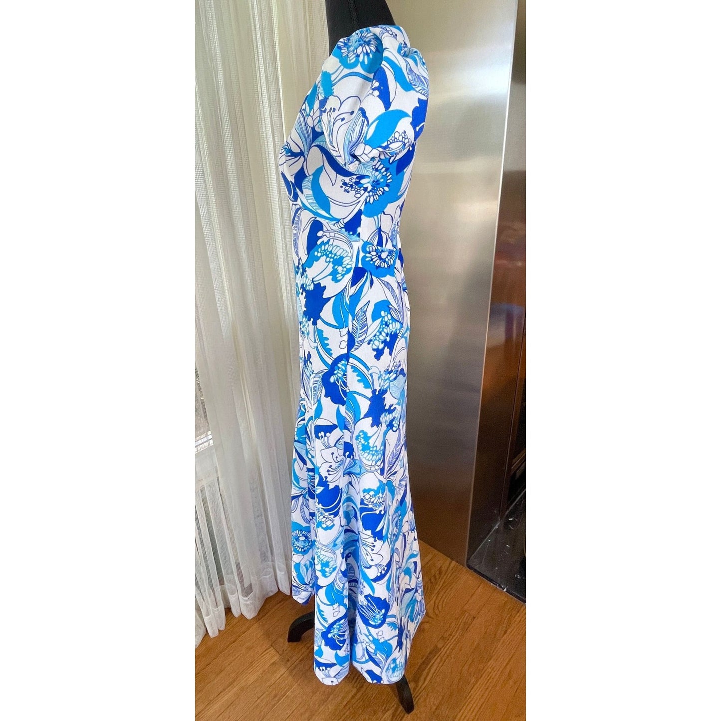 Vintage 1960s maxi dress, large tropical blue flowers