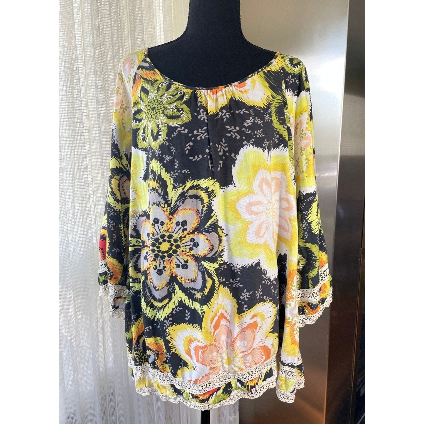 Vintage 80s oversized blouse, black, yellow orange flowers, bell sleeves