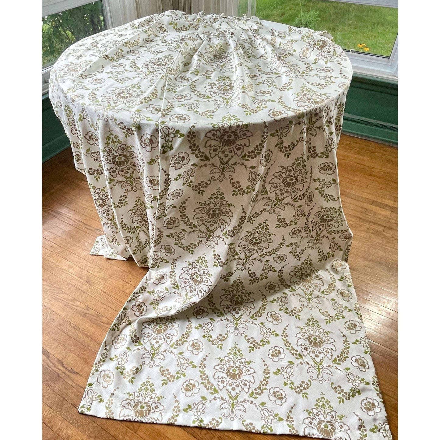 Vintage 60s pleated curtains, green and gold fiberglass panels