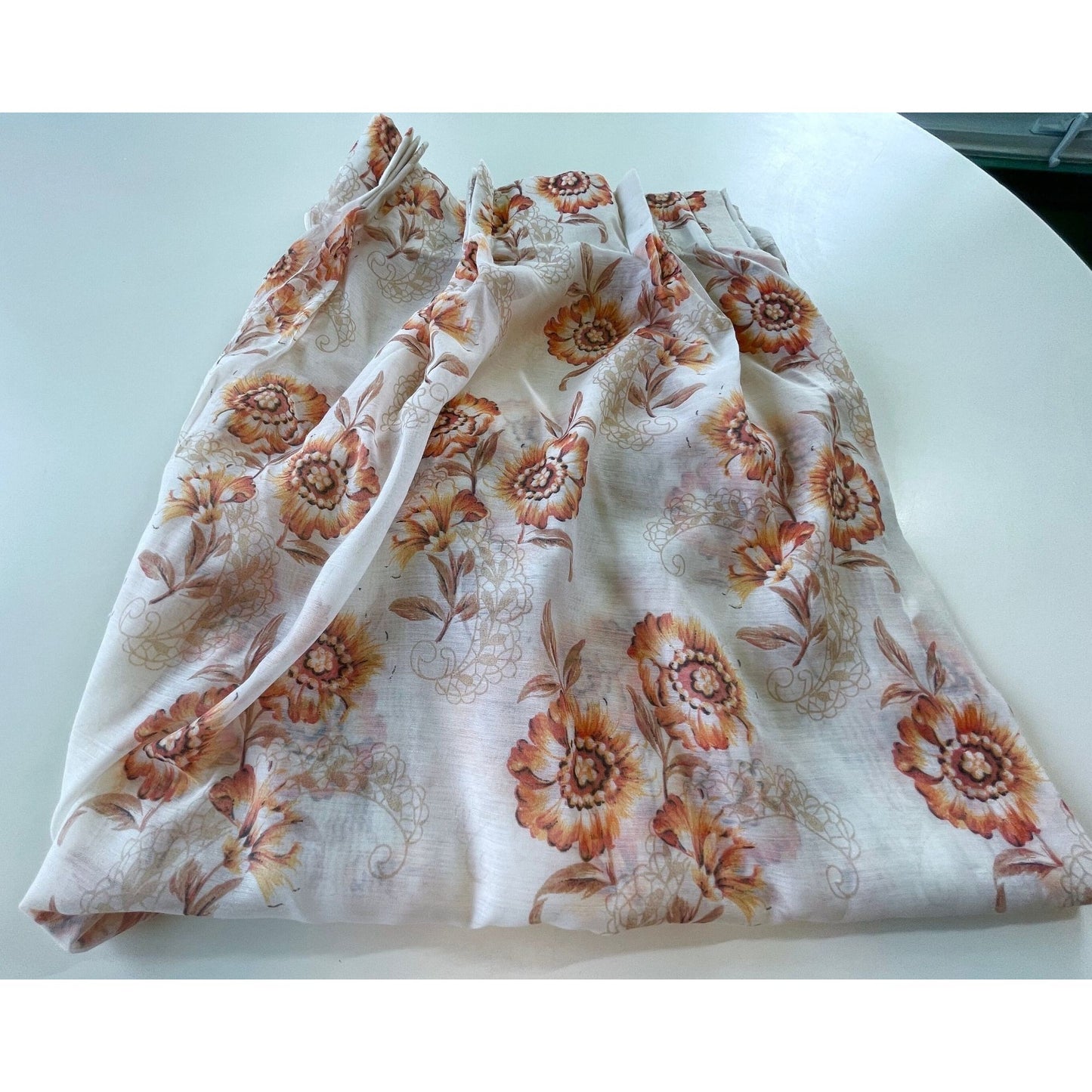 Vintage 60s sheer orange floral pleated curtain