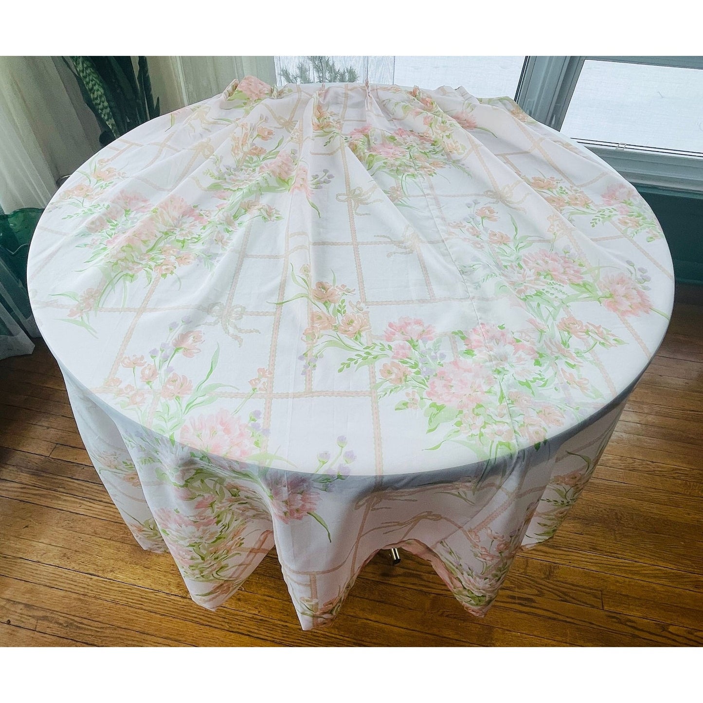 Vintage 80s pleated curtain, pink floral sheer panel