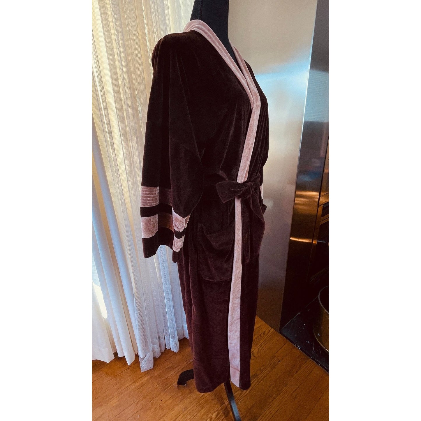 Vintage 1970s bathrobe, chocolate brown velvet, Pierre Cardin