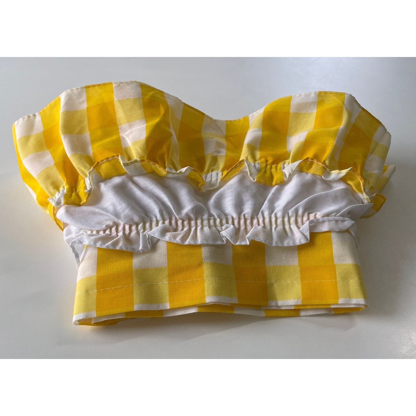Vintage 70s valance curtain, yellow checkered