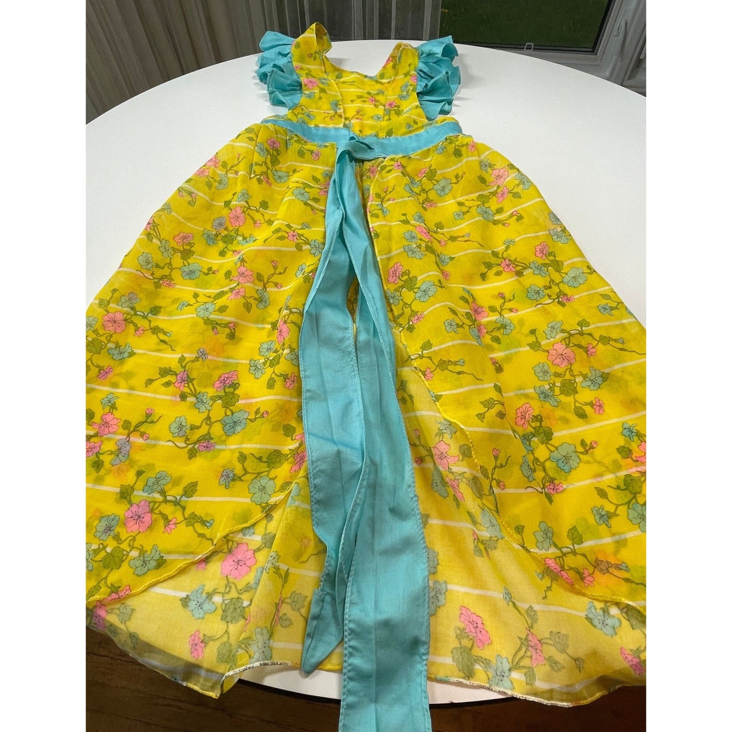 Vintage full apron, pink blue flowers, bright yellow