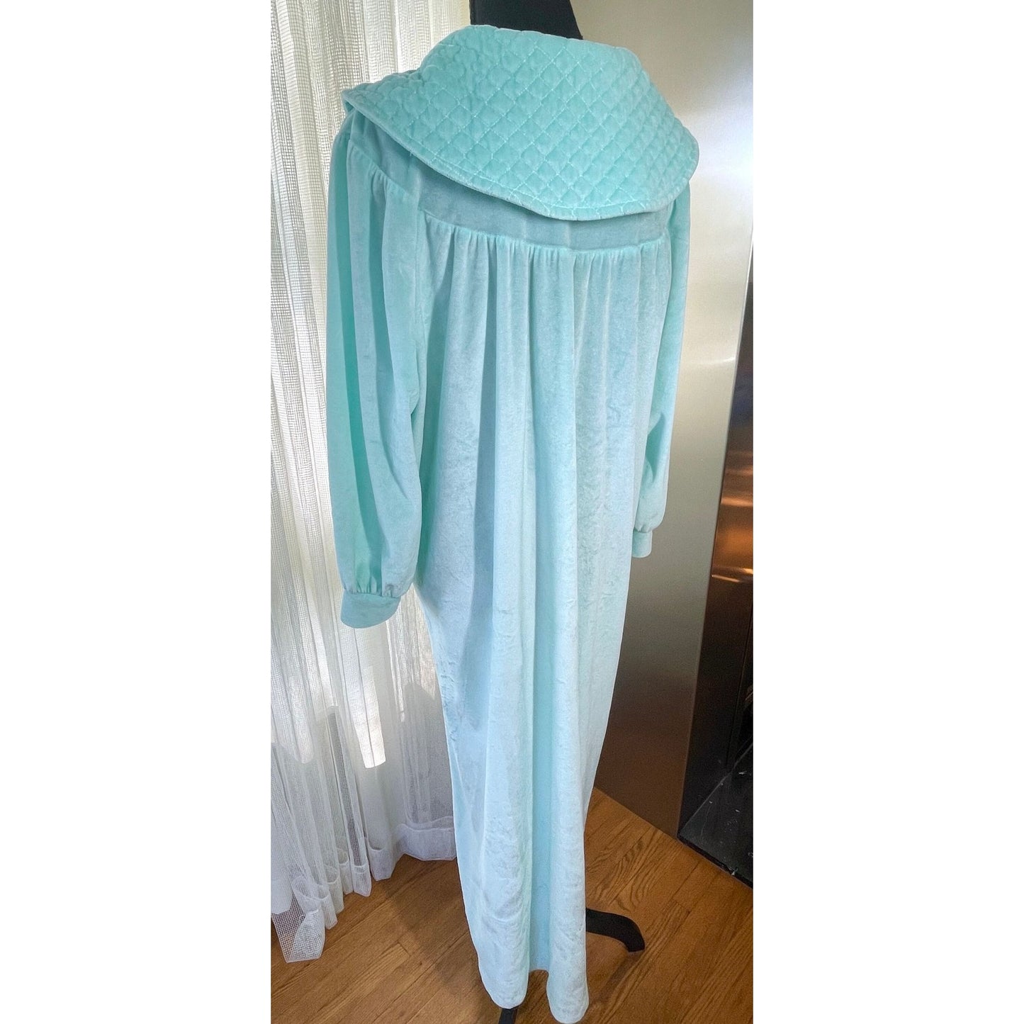 Vintage 1960s robe, sea foam teal blue velvet