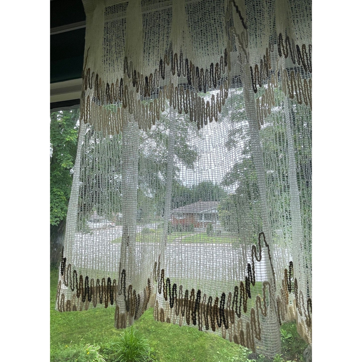 Vintage 80s pleated curtain, tan brown geometric mesh